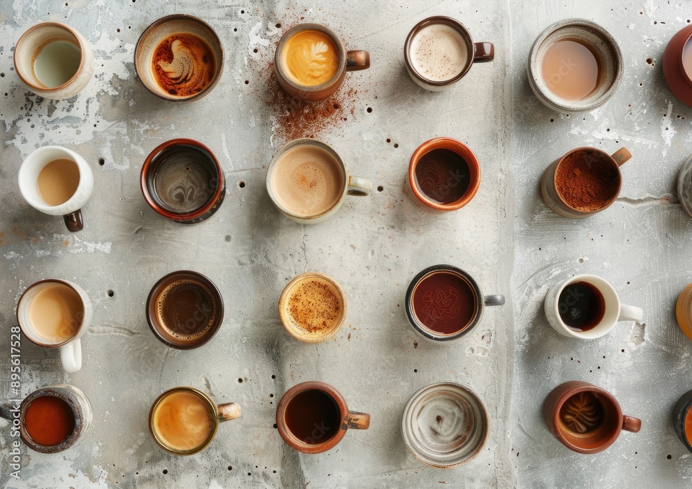 A Variety of Coffee Cups on a Grey Background A Variety of Coffee Cups on a Grey Background