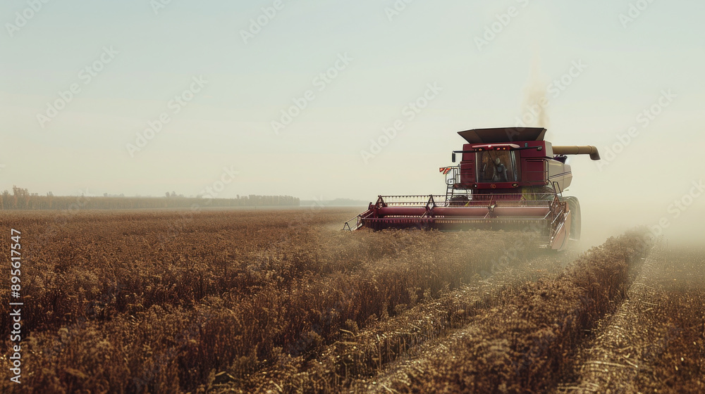 Obraz premium A combine harvester moving through an expansive golden field, representing the peak of the harvest season and the bounty of agriculture.