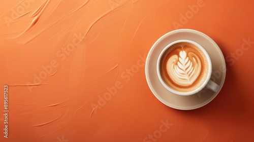 Latte art in white cup with intricate foam design on textured orange background. National Cappuccino Day, barista skills, beverage presentation, breakfast ambiance, cafe decor concept. photo