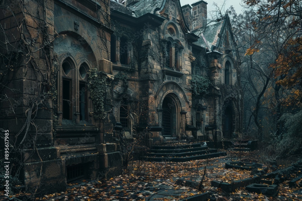 Abandoned Stone Mansion with Overgrown Vines. Abandoned Stone Mansion with Overgrown Vines.