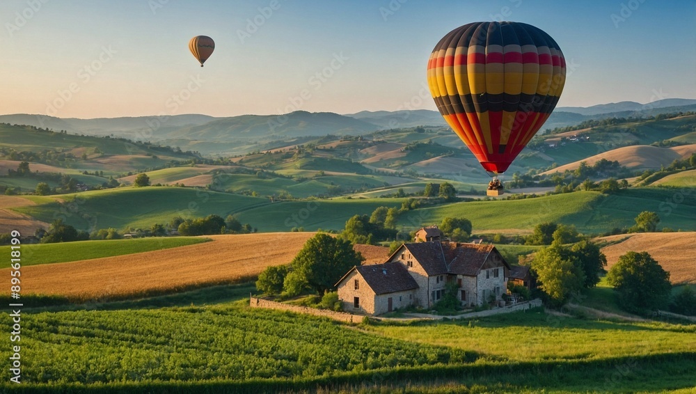 Obraz premium A hot air balloon drifting over a picturesque countries