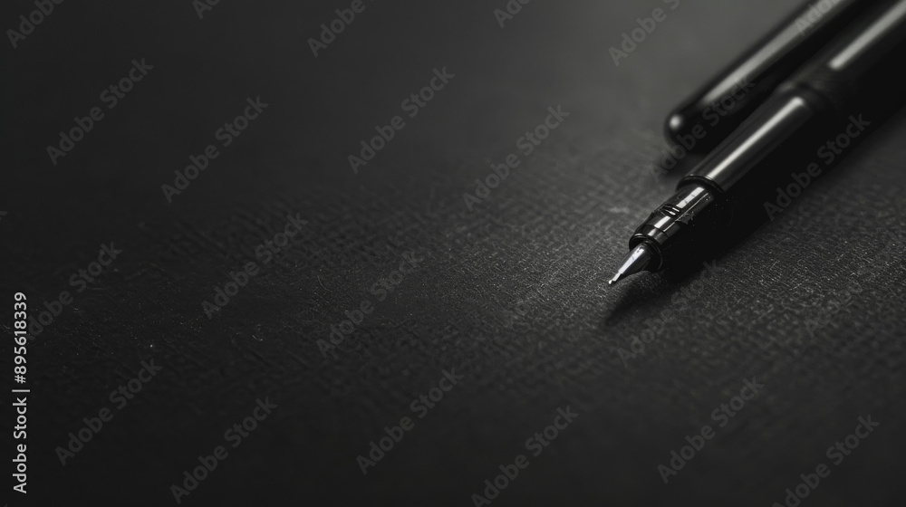 A sleek black fountain pen rests elegantly on a dark textured surface, embodying sophisticated minimalism and classic style. A sleek black fountain pen rests elegantly on a dark textured surface, embodying sophisticated minimalism and classic style.