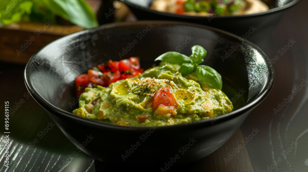 A bowl of fresh guacamole garnished with chopped tomatoes, basil, and a drizzle of olive oil, beautifully presented on a dark wooden table. A bowl of fresh guacamole garnished with chopped tomatoes, basil, and a drizzle of olive oil, beautifully presented on a dark wooden table.
