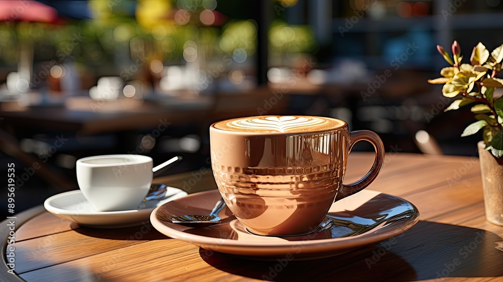 Coffee in brown cup on wooden table in cafe Coffee in brown cup on wooden table in cafe