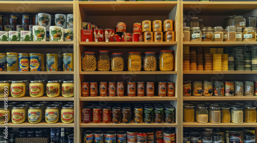 Wallpaper Mural Neatly organized pantry shelves filled with a variety of canned goods, spices, and dry food jars, arranged perfectly in three sections. Torontodigital.ca