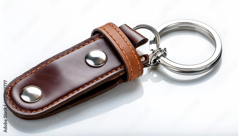 A stylish keychain with a leather strap and metal ring, isolated on a white background, emphasizing its elegant and practical design. A stylish keychain with a leather strap and metal ring, isolated on a white background, emphasizing its elegant and practical design.