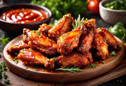 deliciously crispy spicy chicken wings glazed tangy sauce served rustic wooden platter garnished fresh herbs, appetizer, bbq, baked, chefs, crunchy, cuisine
