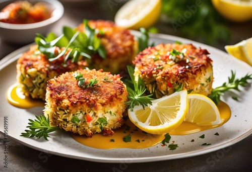 deliciously crispy crab cakes perfectly golden brown fresh herbs served tangy dipping sauce, seafood, appetizer, spices, flavor, tasty, dish, recipe, homemade