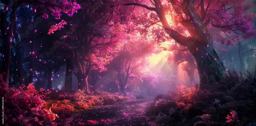 Obraz premium An enchanted forest with glowing trees creates a magical and otherworldly atmosphere.