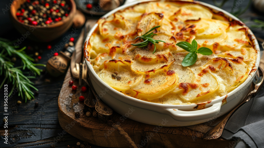 A golden, bubbly potato gratin garnished with fresh herbs, set on a rustic wooden board surrounded by sprigs of rosemary and colorful peppercorns. A golden, bubbly potato gratin garnished with fresh herbs, set on a rustic wooden board surrounded by sprigs of rosemary and colorful peppercorns.