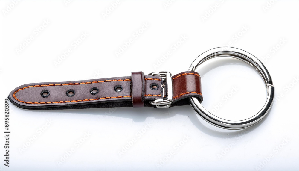 A stylish keychain with a leather strap and metal ring, isolated on a white background, emphasizing its elegant and practical design. A stylish keychain with a leather strap and metal ring, isolated on a white background, emphasizing its elegant and practical design.