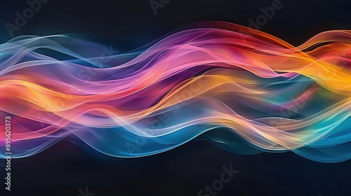  A multicolored wave of smoke is shown against a black background, while another image displays the same wave against a blue background