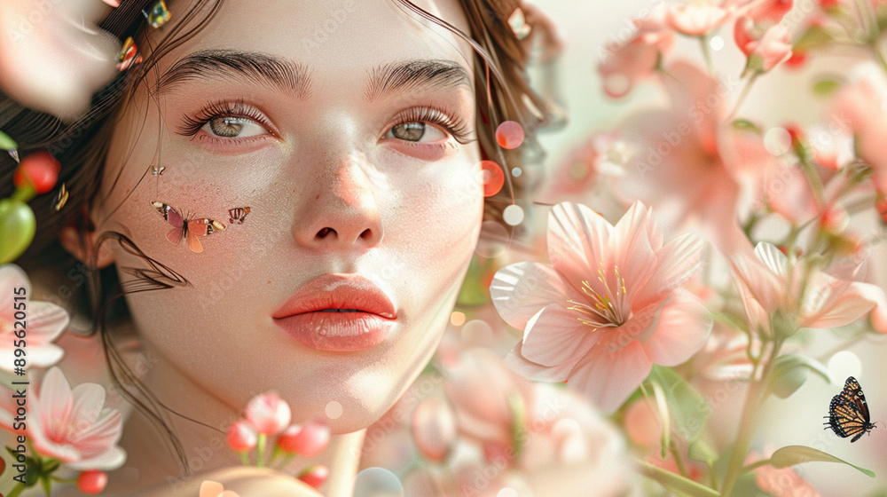 Floral Enchantment: A young woman with ethereal beauty is surrounded by delicate blossoms, creating a captivating scene of natural elegance and feminine grace. The soft lighting and delicate details e Floral Enchantment: A young woman with ethereal beauty is surrounded by delicate blossoms, creating a captivating scene of natural elegance and feminine grace. The soft lighting and delicate details e