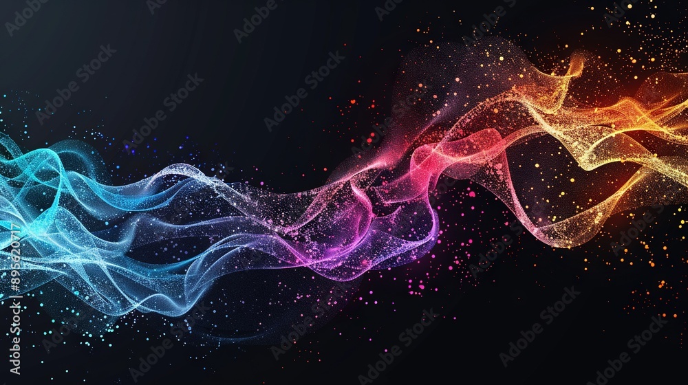  A vibrant wave of smoke against a dark canvas, illuminated by blue and red lights emanating from above