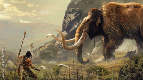 Obraz na plátně A prehistoric scene depicting a hunter facing a towering mammoth with spear in hand, set against a rugged, mountainous backdrop