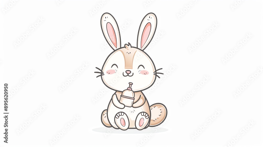 Create a clipart of a Bashful Bunny A shy bunny holding a baby bottlein a kawaii style, simplified to feature fewer elements for a cleaner look, Use a color palette that is appealing to childre Create a clipart of a Bashful Bunny A shy bunny holding a baby bottlein a kawaii style, simplified to feature fewer elements for a cleaner look, Use a color palette that is appealing to childre
