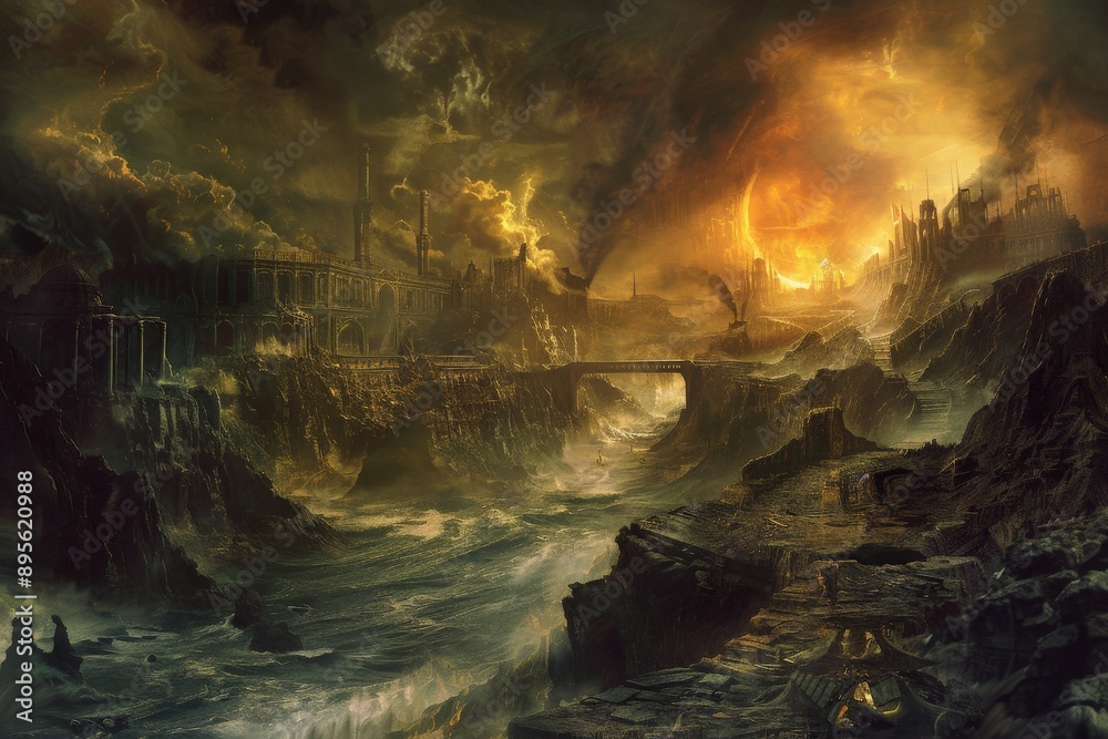 Apocalyptic Cityscape with a Fiery Sun. Apocalyptic Cityscape with a Fiery Sun.