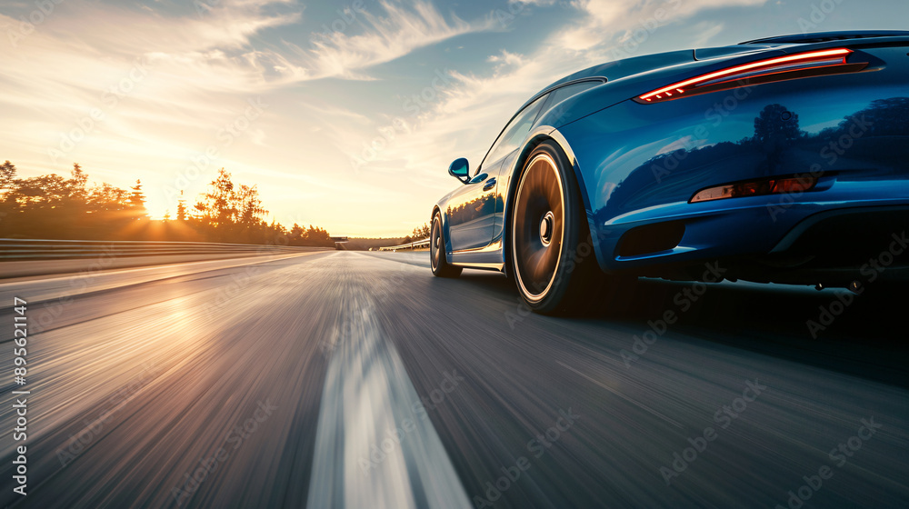 Blue Sports Car Speeding on the Highway at Sunset Blue Sports Car Speeding on the Highway at Sunset