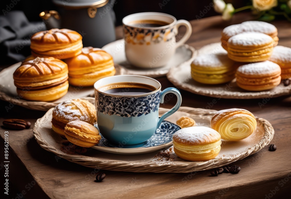 charming coffee pastry setup table beautiful freshly brewed delicious pastries cozy ambiance, tableware, cup, mug, plate, napkin, bakery, dessert, biscuit charming coffee pastry setup table beautiful freshly brewed delicious pastries cozy ambiance, tableware, cup, mug, plate, napkin, bakery, dessert, biscuit