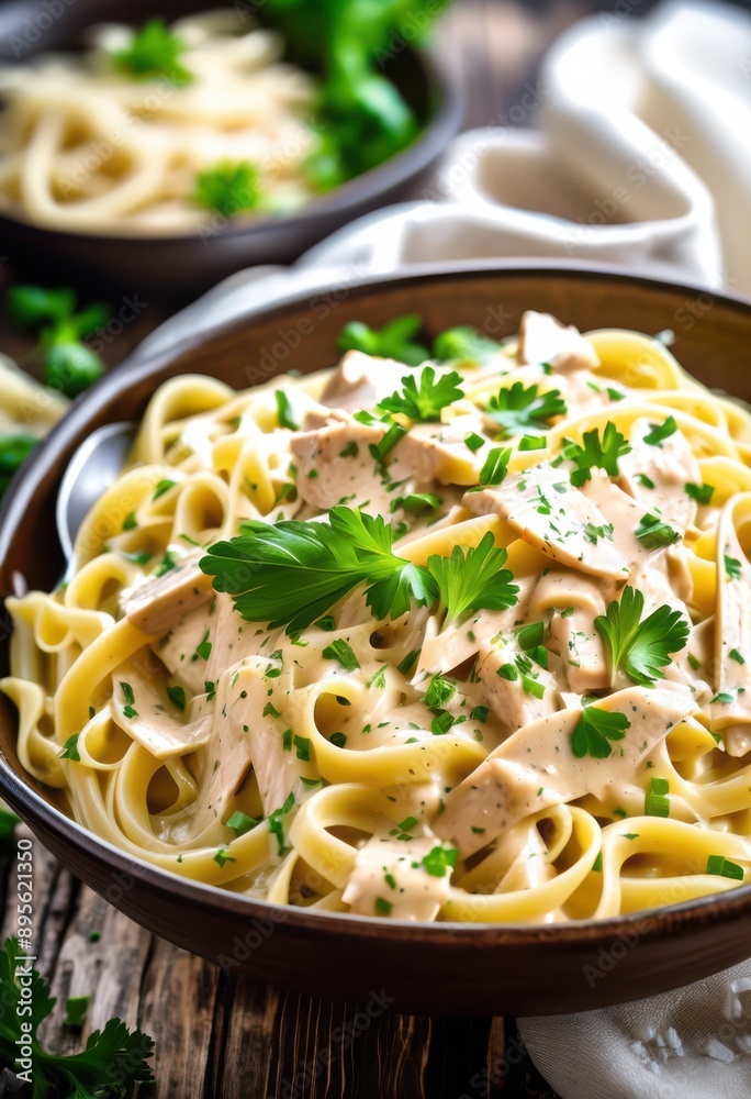 delicious creamy chicken alfredo pasta rich sauce fresh perfectly cooked fettuccine topped grated parmesan garnished parsley, cheese, herbs, garlic, butter delicious creamy chicken alfredo pasta rich sauce fresh perfectly cooked fettuccine topped grated parmesan garnished parsley, cheese, herbs, garlic, butter