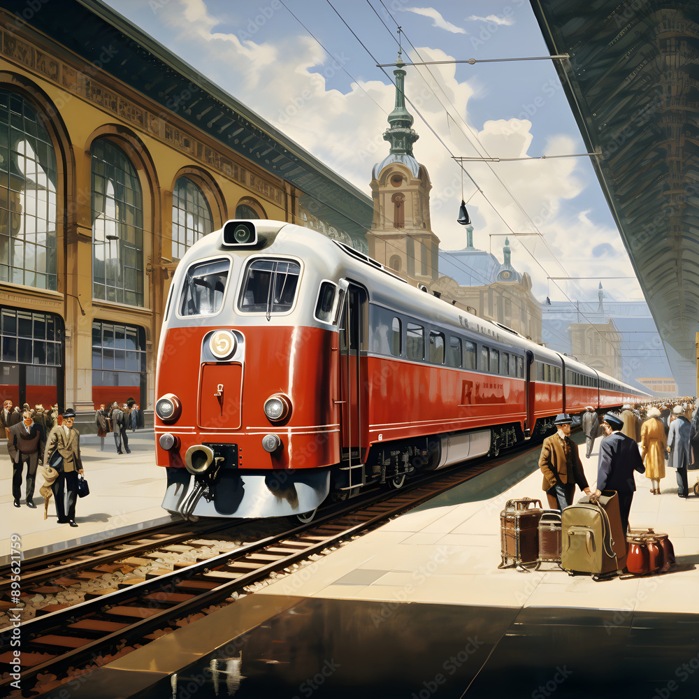 Fototapeta premium Capturing the Hustle and Bustle: Deutsche Bahn Train Arrives at a Busy Station amidst Radiant Daylight
