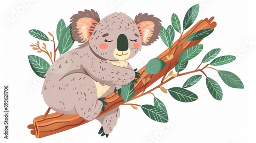 Create a clipart of a Cuddly Koala A koala hugging a soft eucalyptus branchin a kawaii style, simplified to feature fewer elements for a cleaner look, Use a color palette that is appealing to c photo