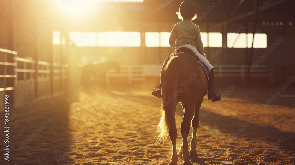 Obraz premium A child rides a horse into an indoor arena, bathed in warm sunlight, with another horse seen in the background.