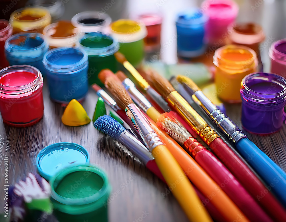 Close-up view of paint brushes and colorful supplies laid out on a table Close-up view of paint brushes and colorful supplies laid out on a table