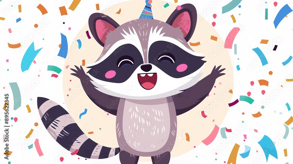 Create a clipart of a Happy raccoon with confettiin a kawaii style, simplified to feature fewer elements for a cleaner look, Use a color palette that is appealing to children, with bright and c Create a clipart of a Happy raccoon with confettiin a kawaii style, simplified to feature fewer elements for a cleaner look, Use a color palette that is appealing to children, with bright and c