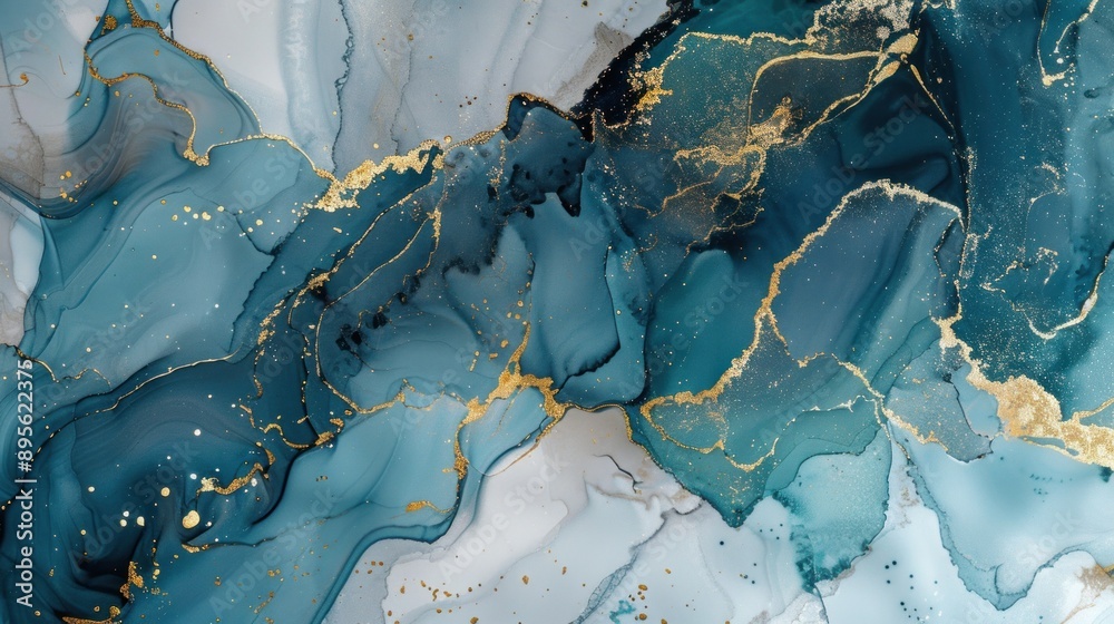 A blue and gold abstract painting with flowing swirls and glittering specks A blue and gold abstract painting with flowing swirls and glittering specks