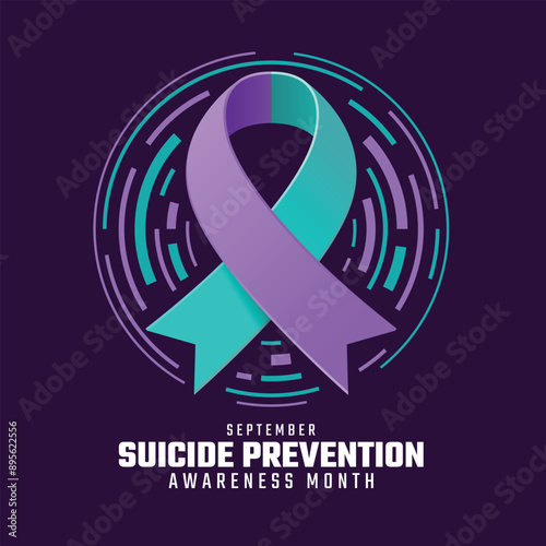Suicide prevention awareness month - Purple and teal ribbon awareness sign in line circle curve around on dark purple background vector design