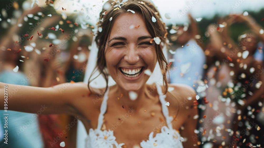 Bride Smiling with Confetti at Outdoor Wedding Bride Smiling with Confetti at Outdoor Wedding