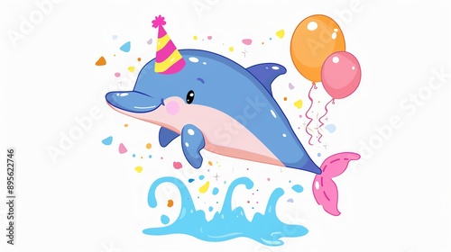 Create a clipart of a Birthday dolphin with a splashin a kawaii style, simplified to feature fewer elements for a cleaner look, Use a color palette that is appealing to children, with bright an photo