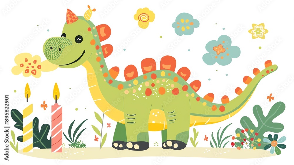 Naklejka premium Create a clipart of a Dinosaur blowing out candlesin a kawaii style, simplified to feature fewer elements for a cleaner look, Use a color palette that is appealing to children, with bright and