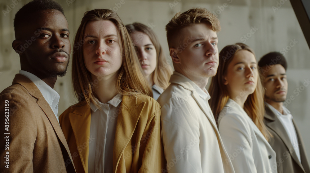 Fototapeta premium A diverse group of individuals stands shoulder to shoulder, gazing intently into the camera, exuding a sense of unity and determination.