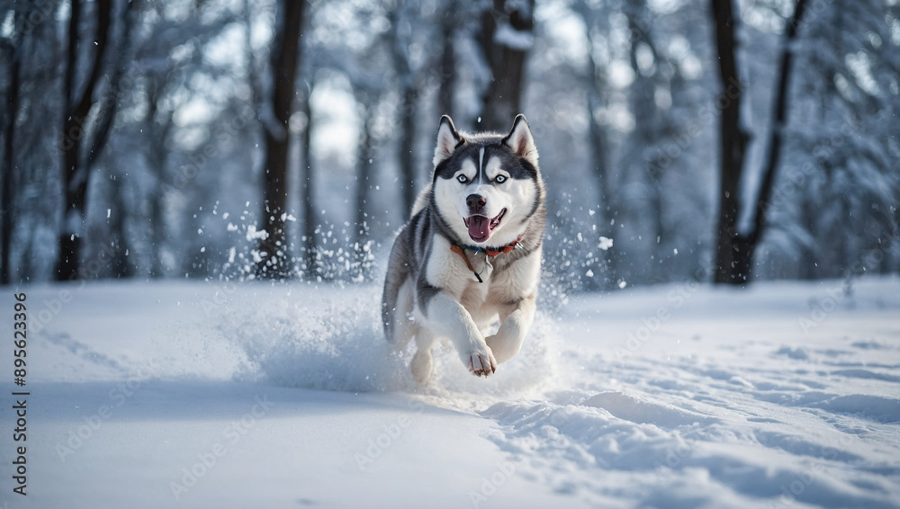 Naklejka premium Playful husky jumping through the snow in a winter landscape.