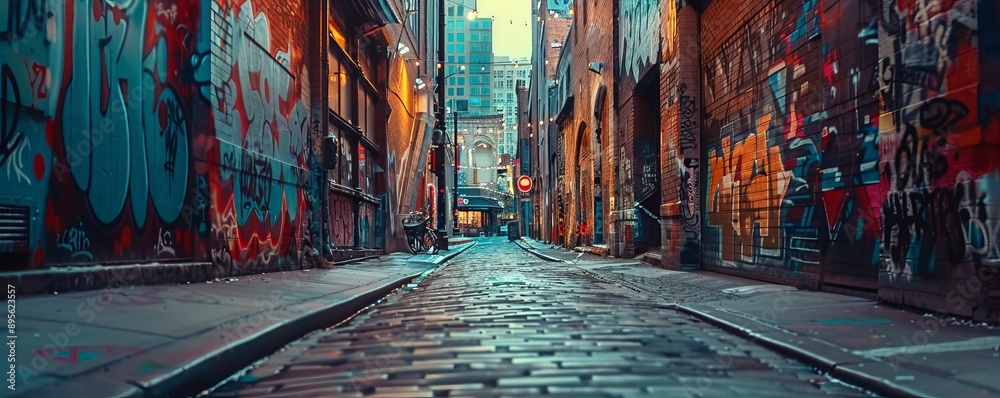 Fototapeta premium Enigmatic alleyway adorned with colorful street art, 4K hyperrealistic photo