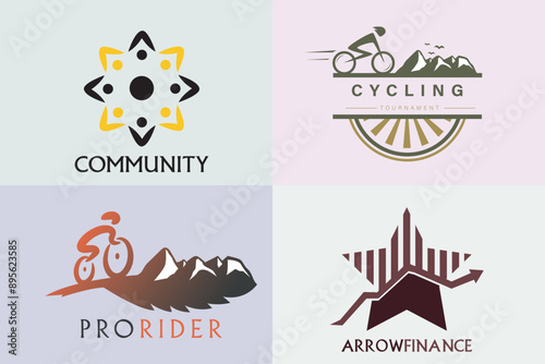Collection of Marketing Mountain biker vector logo design. Mountain bike logo template gear and cyclist.