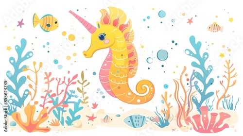 Create a clipart of a Birthday seahorse with underwater funin a kawaii style, simplified to feature fewer elements for a cleaner look, Use a color palette that is appealing to children, with br