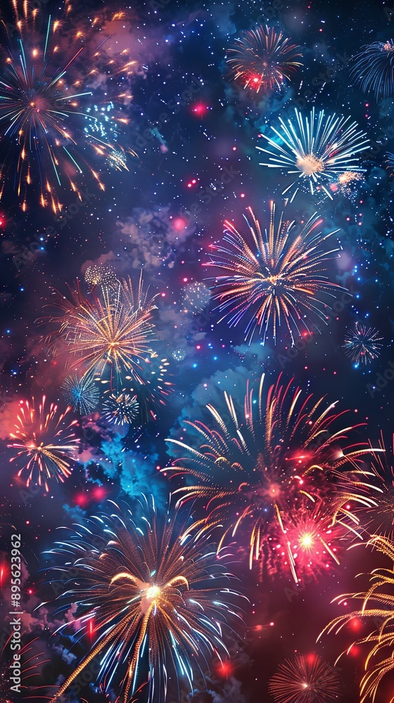 Celebrate New Year's with fireworks and a copy space image at midnight
