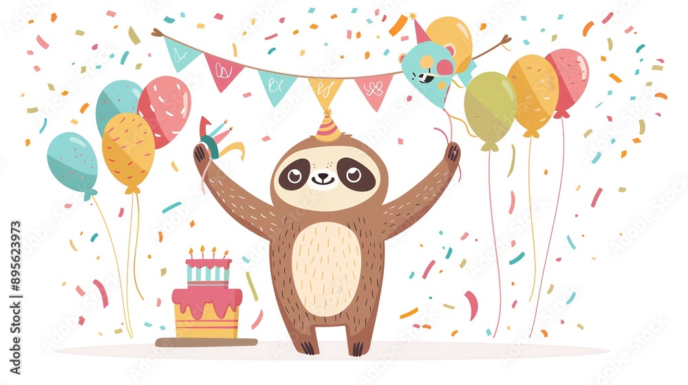 Fototapeta premium Create a clipart of a Sloth with a birthday bannerin a kawaii style, simplified to feature fewer elements for a cleaner look, Use a color palette that is appealing to children, with bright and