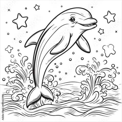 A happy dolphin jumping out of the water black outlie coloring book photo