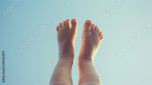 A close-up view of tiny infant feet reaching towards a bright, clear sky, symbolizing innocence and new beginnings.