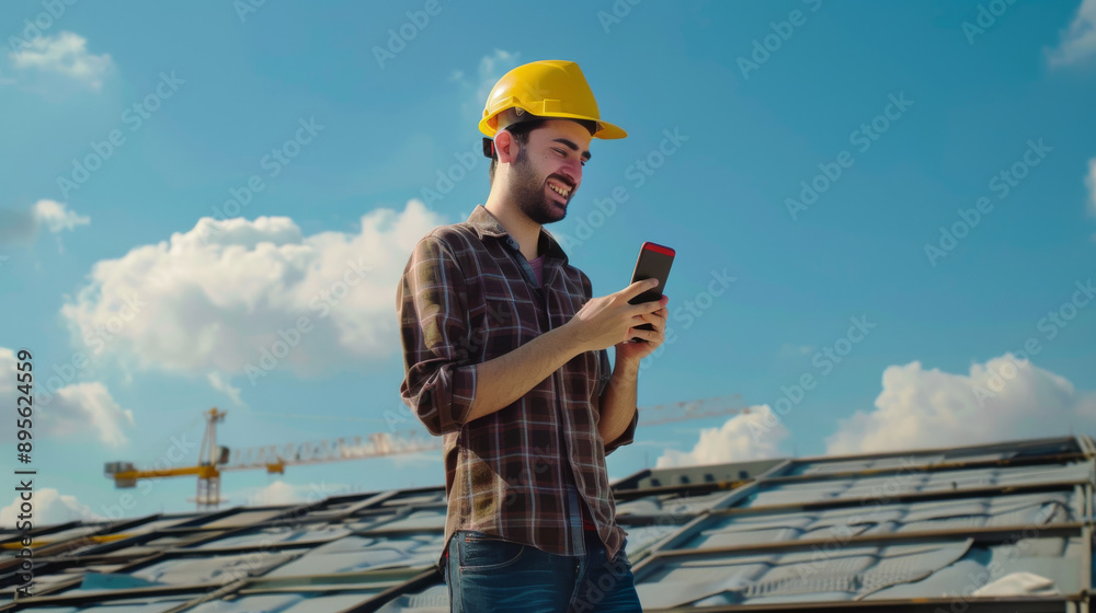 Construction worker on a rooftop holding a phone, smiling as he communicates, with a crane and a clear blue sky in the background. Construction worker on a rooftop holding a phone, smiling as he communicates, with a crane and a clear blue sky in the background.