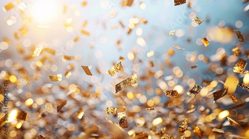Close-up view of numerous golden confetti pieces with space for text or graphics, in the background. Copy space image. Place for adding text and design