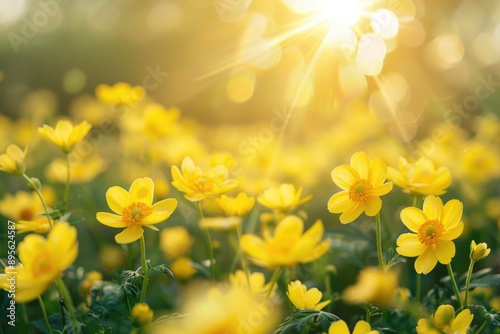 Field of yellow flowers with sun