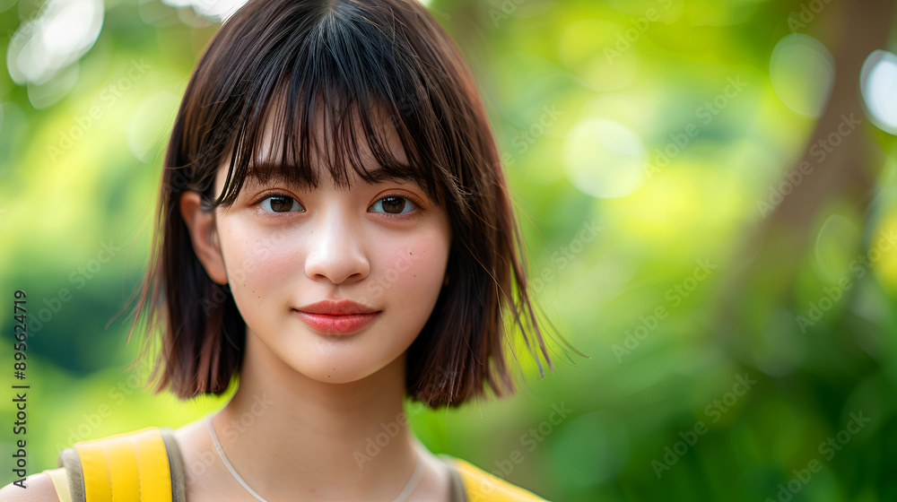 Beautiful Asian teenager schoolgirl with short hair and a yellow backpack, happily walking to school on a sunny day. School, education concept. Banner. Copy space. Beautiful Asian teenager schoolgirl with short hair and a yellow backpack, happily walking to school on a sunny day. School, education concept. Banner. Copy space.
