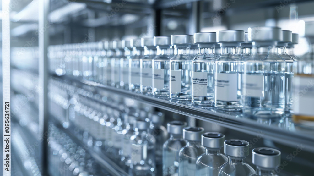 A futuristic laboratory shelf lined with rows of clear vials containing a transparent liquid, symbolizing scientific precision and innovation. A futuristic laboratory shelf lined with rows of clear vials containing a transparent liquid, symbolizing scientific precision and innovation.