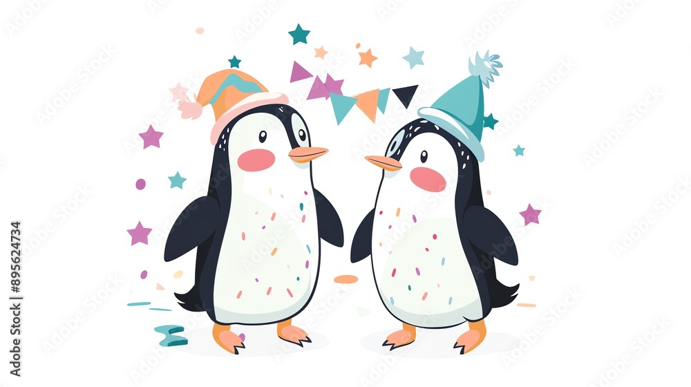 Naklejka premium Create a clipart of a Penguin couple celebrating togetherin a kawaii style, simplified to feature fewer elements for a cleaner look, Use a color palette that is appealing to children, with brig
