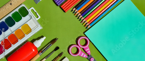 Back to school, Knowledge Day, September 1st. school stationery, pencils, notebooks, pens, brushes, educational process. background for the design.